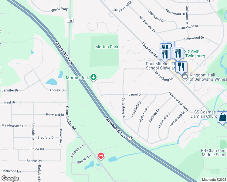 map of restaurants, bars, coffee shops, grocery stores, and more near 1736 Laurel Drive in Twinsburg