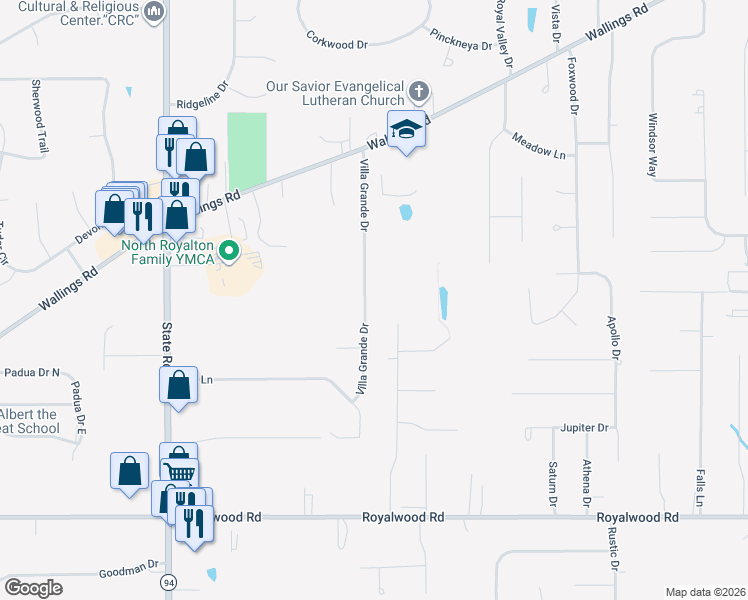 map of restaurants, bars, coffee shops, grocery stores, and more near 11361 Villa Grande Drive in North Royalton