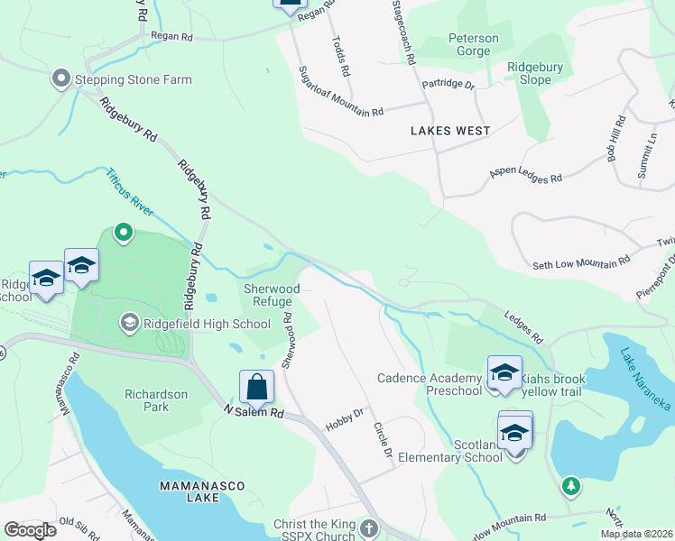 map of restaurants, bars, coffee shops, grocery stores, and more near 88 Ledges Road in Ridgefield