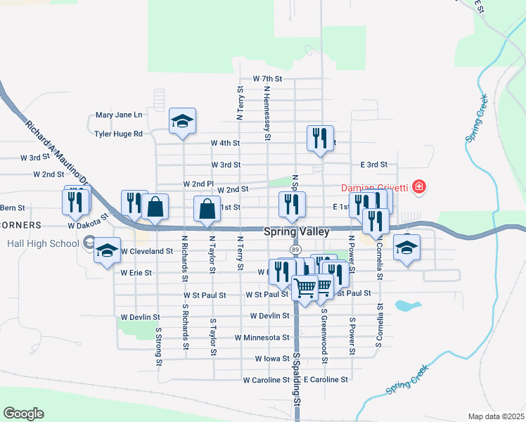 map of restaurants, bars, coffee shops, grocery stores, and more near 206 West Dakota Street in Spring Valley