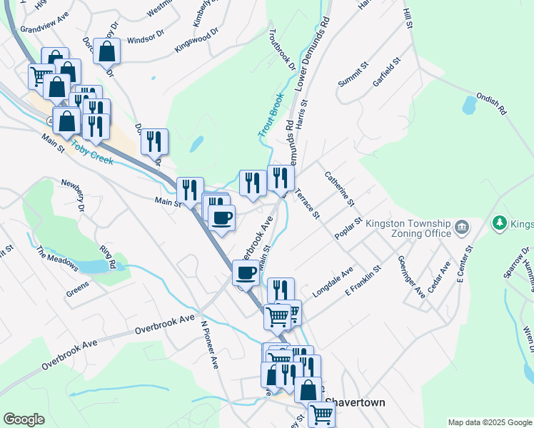 map of restaurants, bars, coffee shops, grocery stores, and more near 196 East Overbrook Avenue in Shavertown