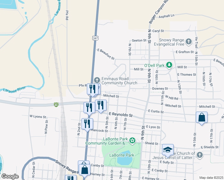 map of restaurants, bars, coffee shops, grocery stores, and more near 529 Mitchell Street in Laramie