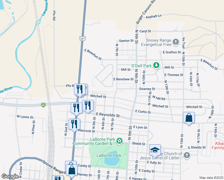 map of restaurants, bars, coffee shops, grocery stores, and more near 633 Mitchell Street in Laramie