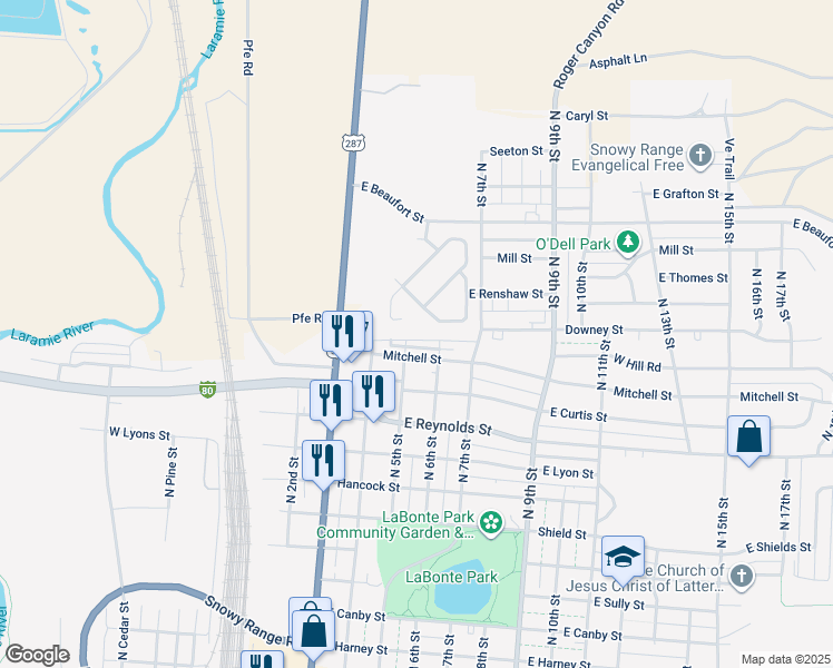 map of restaurants, bars, coffee shops, grocery stores, and more near 529 Mitchell Street in Laramie