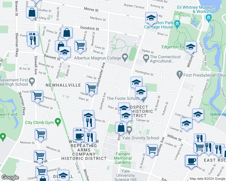 map of restaurants, bars, coffee shops, grocery stores, and more near 45 Sheldon Terrace in New Haven