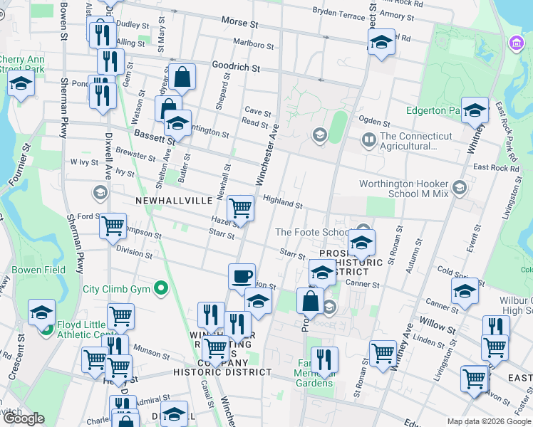 map of restaurants, bars, coffee shops, grocery stores, and more near 144 Sheffield Avenue in New Haven