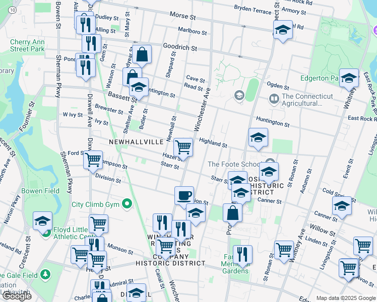 map of restaurants, bars, coffee shops, grocery stores, and more near 593 Winchester Avenue in New Haven