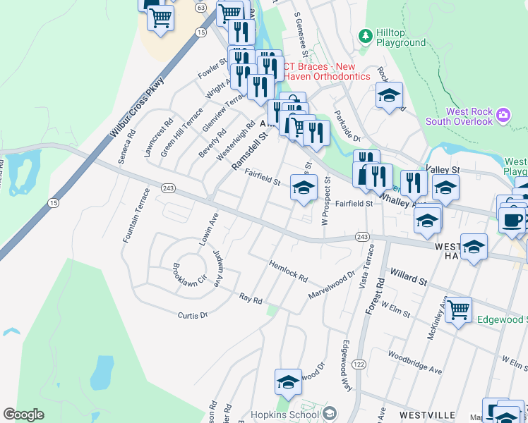 map of restaurants, bars, coffee shops, grocery stores, and more near 485 Fountain Street in New Haven