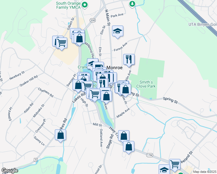 map of restaurants, bars, coffee shops, grocery stores, and more near 16 Stage Road in Monroe