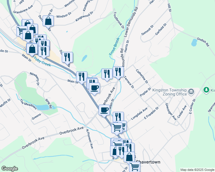 map of restaurants, bars, coffee shops, grocery stores, and more near 168 Overbrook Avenue in Shavertown