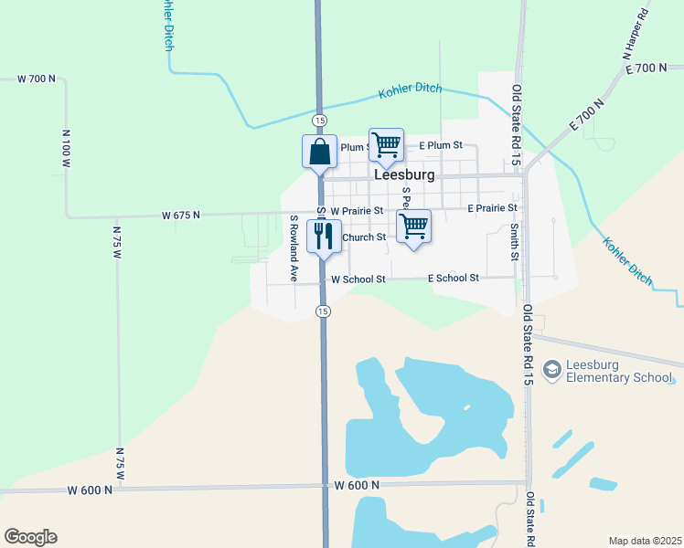 map of restaurants, bars, coffee shops, grocery stores, and more near 101 West School Street in Leesburg