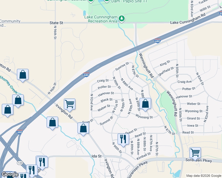 map of restaurants, bars, coffee shops, grocery stores, and more near 9111 Hanover Street in Omaha