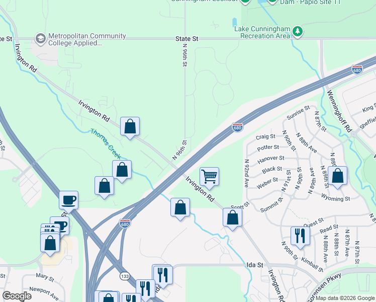 map of restaurants, bars, coffee shops, grocery stores, and more near Interstate 680 in Omaha
