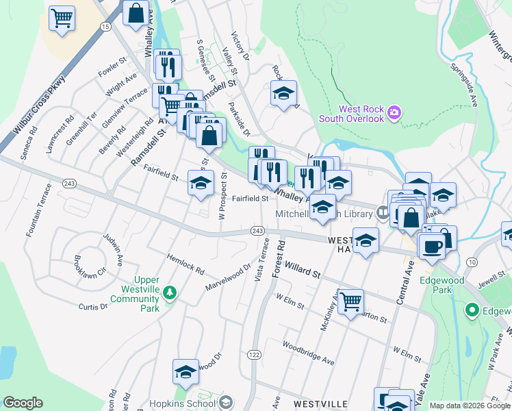 map of restaurants, bars, coffee shops, grocery stores, and more near 345 Fountain Street in New Haven