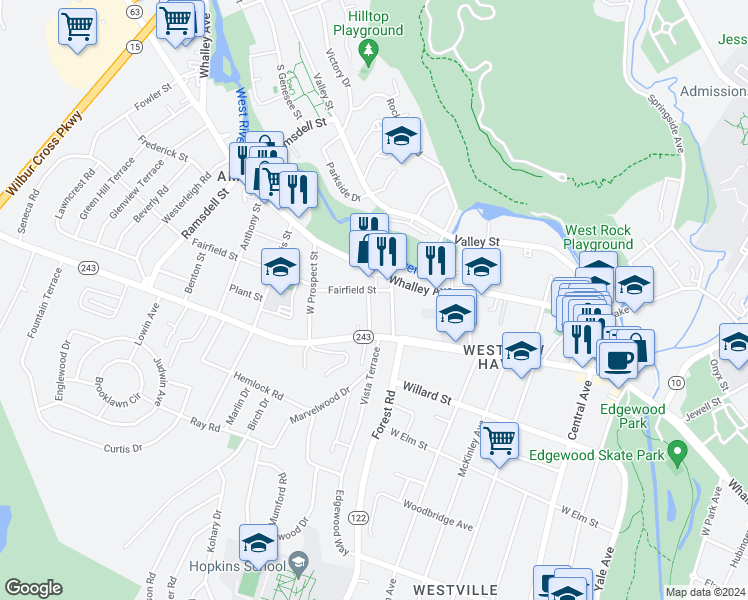 map of restaurants, bars, coffee shops, grocery stores, and more near 41 Pardee Place in New Haven