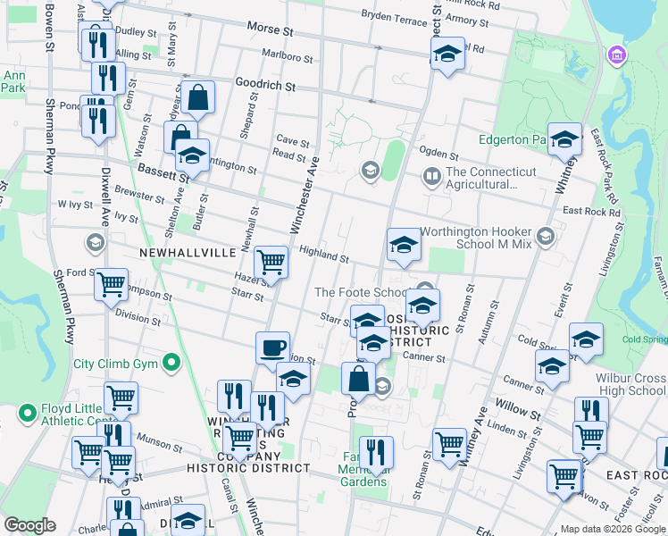 map of restaurants, bars, coffee shops, grocery stores, and more near 45 Sheldon Terrace in New Haven