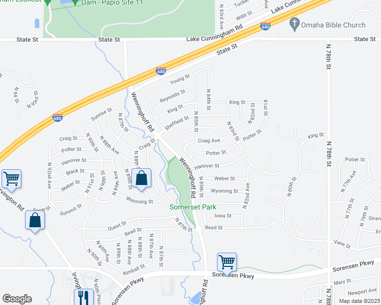map of restaurants, bars, coffee shops, grocery stores, and more near 8624 Potter Street in Omaha