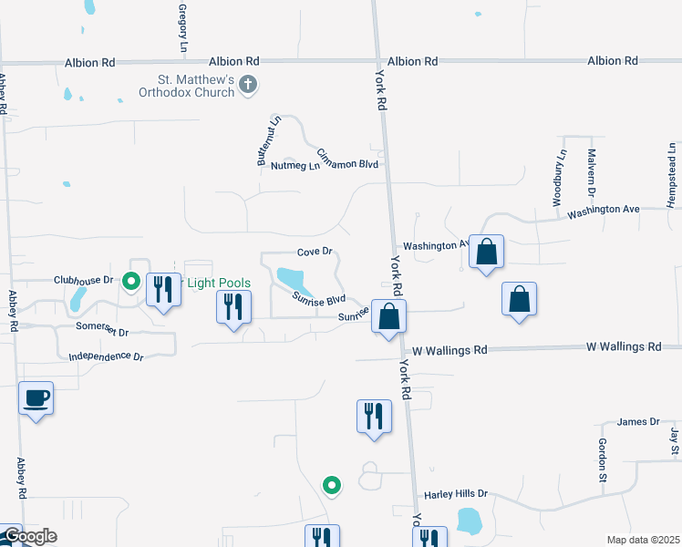 map of restaurants, bars, coffee shops, grocery stores, and more near 9530 Cove Drive in North Royalton