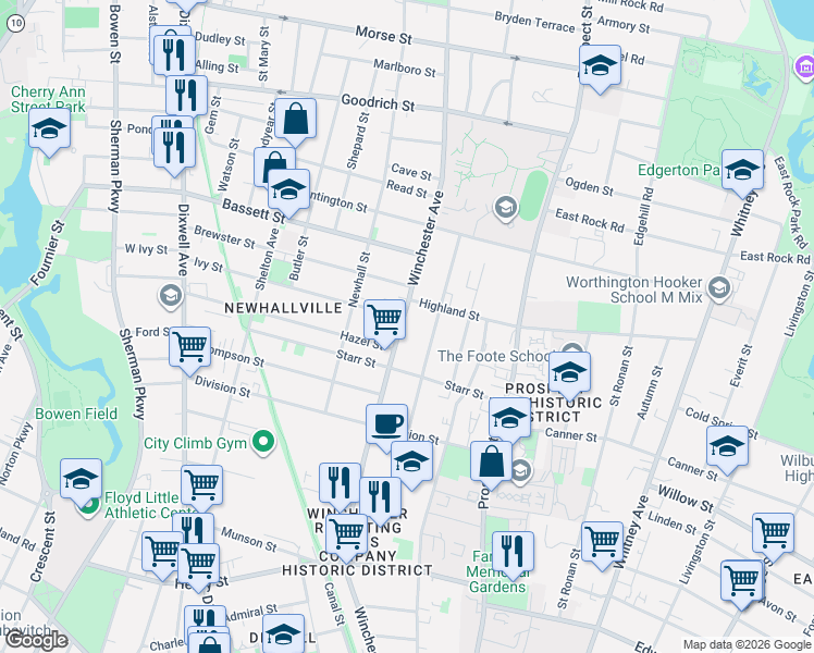 map of restaurants, bars, coffee shops, grocery stores, and more near 623 Winchester Avenue in New Haven