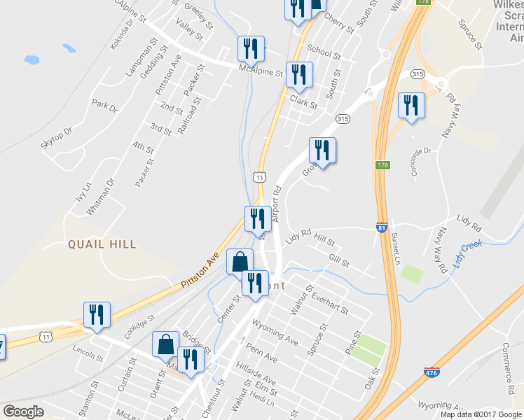 map of restaurants, bars, coffee shops, grocery stores, and more near 109 Main Street in Pittston