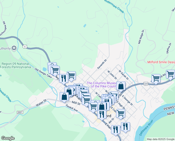 map of restaurants, bars, coffee shops, grocery stores, and more near 403 W High St in Milford