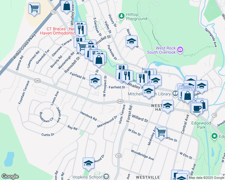 map of restaurants, bars, coffee shops, grocery stores, and more near 62 Fairfield Street in New Haven