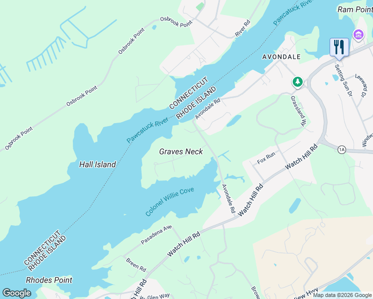 map of restaurants, bars, coffee shops, grocery stores, and more near 14 Champlin Drive in Westerly