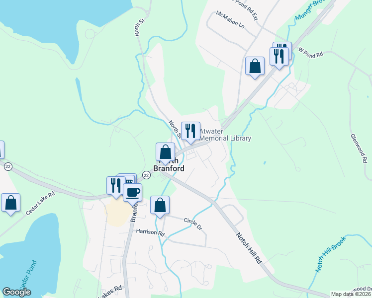 map of restaurants, bars, coffee shops, grocery stores, and more near Foxon Rd & North St in North Branford