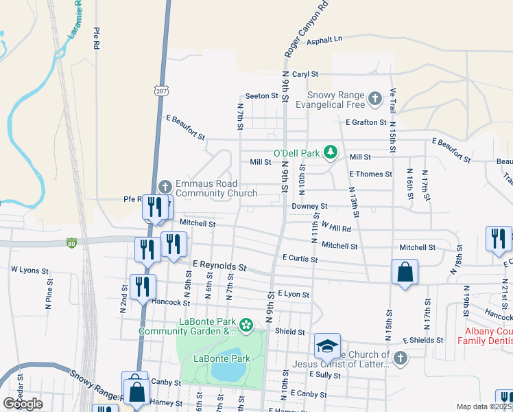 map of restaurants, bars, coffee shops, grocery stores, and more near 708 Downey Street in Laramie