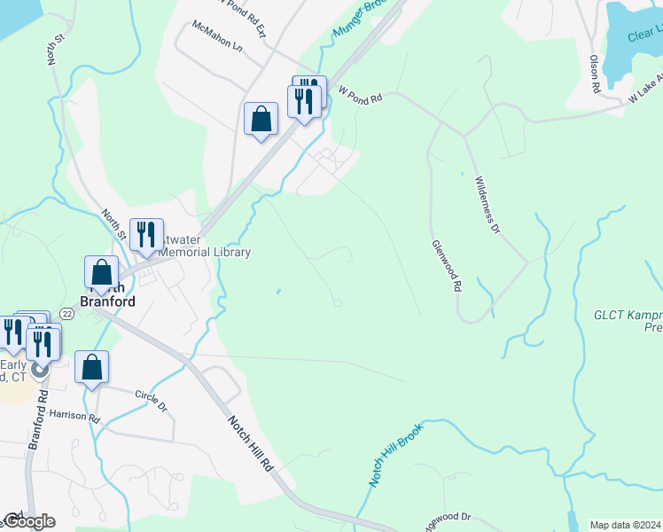 map of restaurants, bars, coffee shops, grocery stores, and more near 101 Fowler Road in North Branford