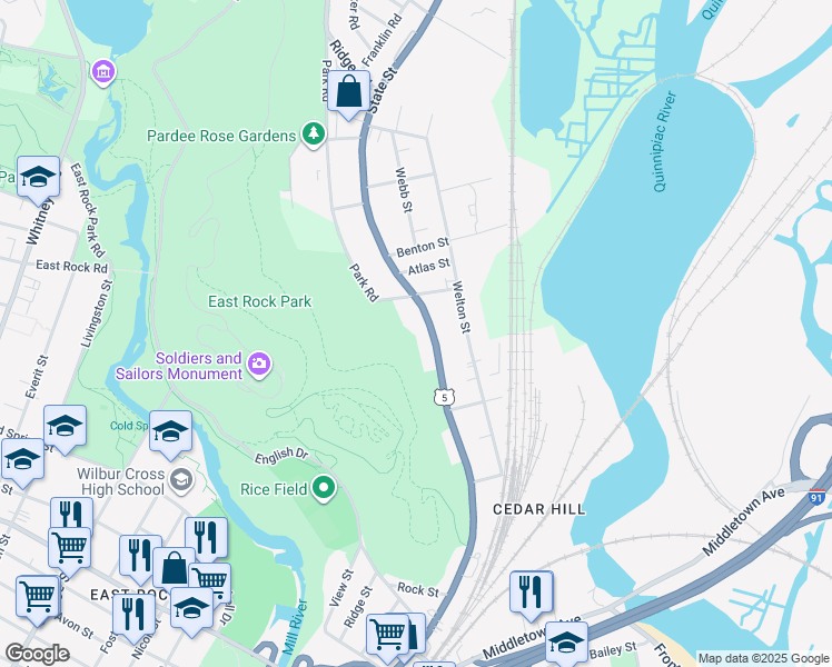 map of restaurants, bars, coffee shops, grocery stores, and more near 1678 State Street in Hamden
