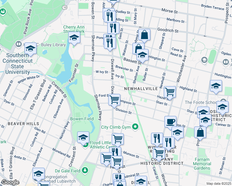 map of restaurants, bars, coffee shops, grocery stores, and more near 185 Thompson Street in New Haven
