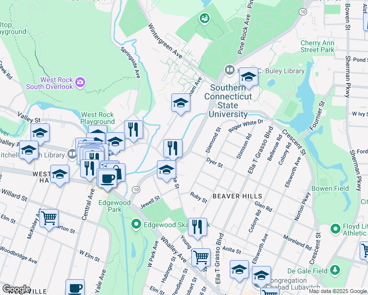 map of restaurants, bars, coffee shops, grocery stores, and more near 168 Connecticut 10 in New Haven