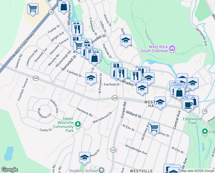 map of restaurants, bars, coffee shops, grocery stores, and more near 345 Fountain Street in New Haven