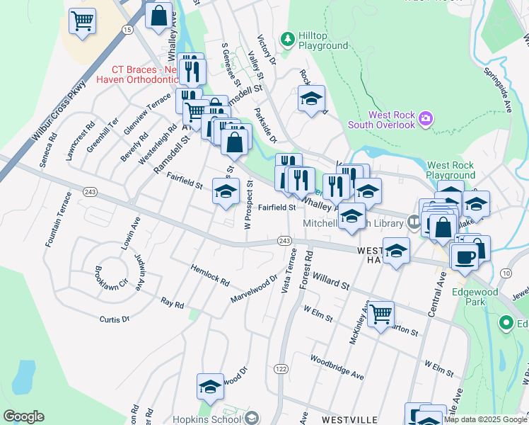 map of restaurants, bars, coffee shops, grocery stores, and more near 345 Fountain Street in New Haven