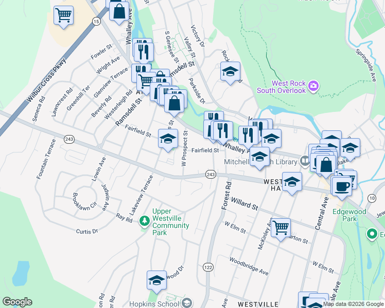 map of restaurants, bars, coffee shops, grocery stores, and more near 31 West Prospect Street in New Haven