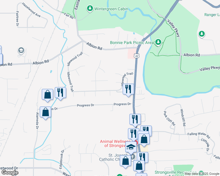 map of restaurants, bars, coffee shops, grocery stores, and more near 19385 Co Moor Boulevard in Strongsville