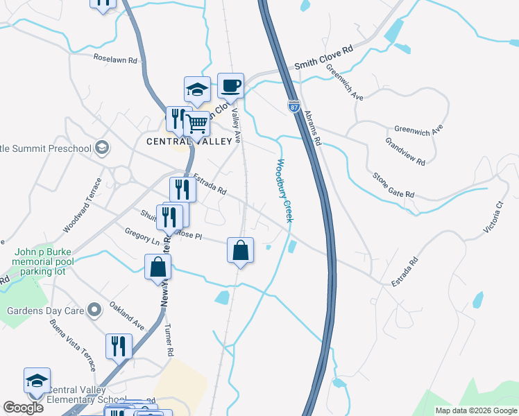 map of restaurants, bars, coffee shops, grocery stores, and more near 9 Dominick Road in Woodbury