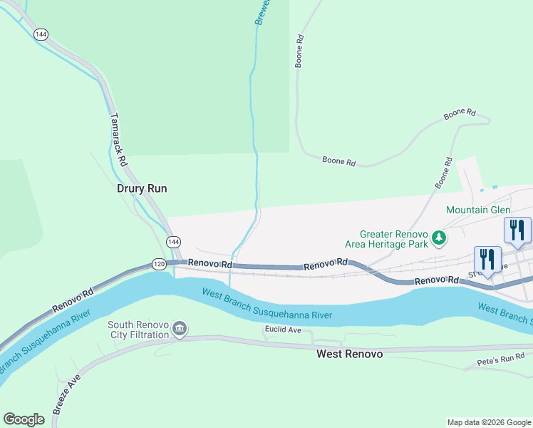 map of restaurants, bars, coffee shops, grocery stores, and more near 96 Brewery Run Avenue in Renovo