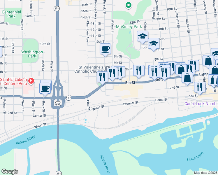 map of restaurants, bars, coffee shops, grocery stores, and more near 251 Illinois Street in Peru