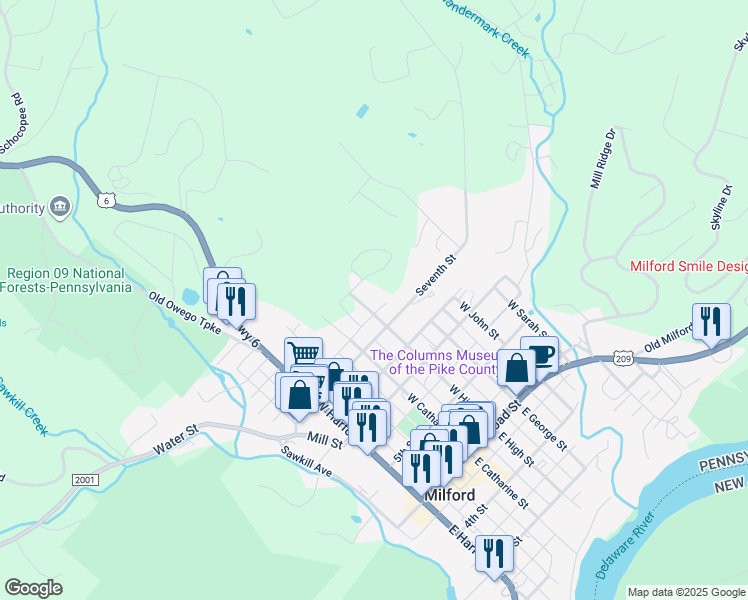 map of restaurants, bars, coffee shops, grocery stores, and more near 403 W High St in Milford