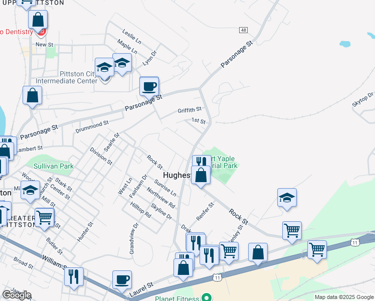 map of restaurants, bars, coffee shops, grocery stores, and more near 60-88 Cemetery Street in Hughestown