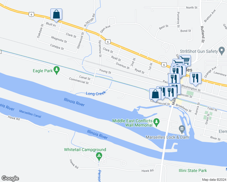 map of restaurants, bars, coffee shops, grocery stores, and more near 578 Commercial Street in Marseilles