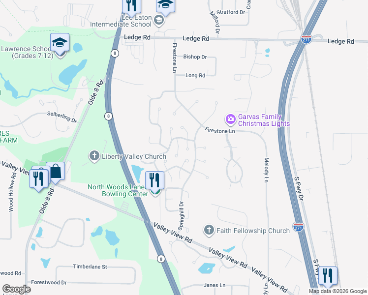 map of restaurants, bars, coffee shops, grocery stores, and more near 8630 Deerfield Circle in Macedonia