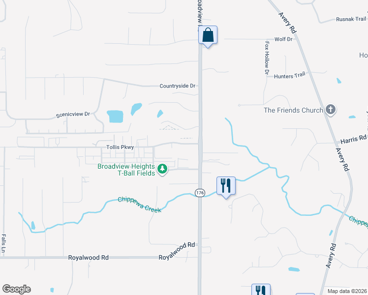 map of restaurants, bars, coffee shops, grocery stores, and more near 421 Tollis Parkway in Broadview Heights
