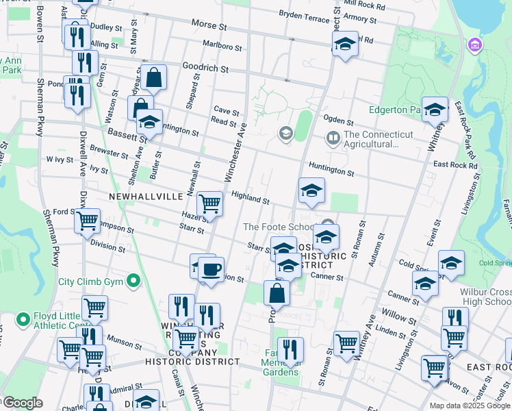 map of restaurants, bars, coffee shops, grocery stores, and more near 45 Sheldon Terrace in New Haven