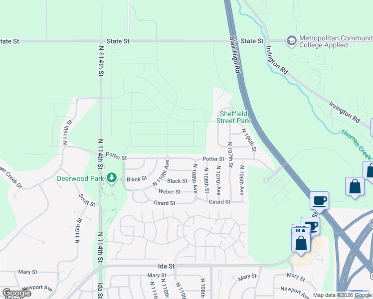 map of restaurants, bars, coffee shops, grocery stores, and more near 10909 Potter Street in Omaha