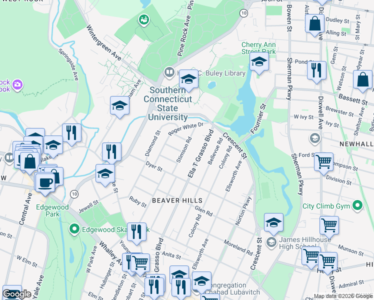 map of restaurants, bars, coffee shops, grocery stores, and more near 1800 Ella T Grasso Boulevard in New Haven