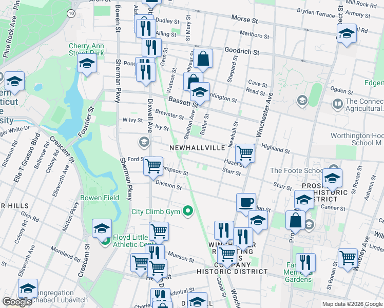 map of restaurants, bars, coffee shops, grocery stores, and more near 130 Hazel Street in New Haven