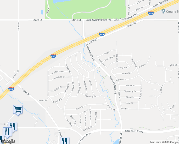 map of restaurants, bars, coffee shops, grocery stores, and more near 7735 North 88th Street in Omaha